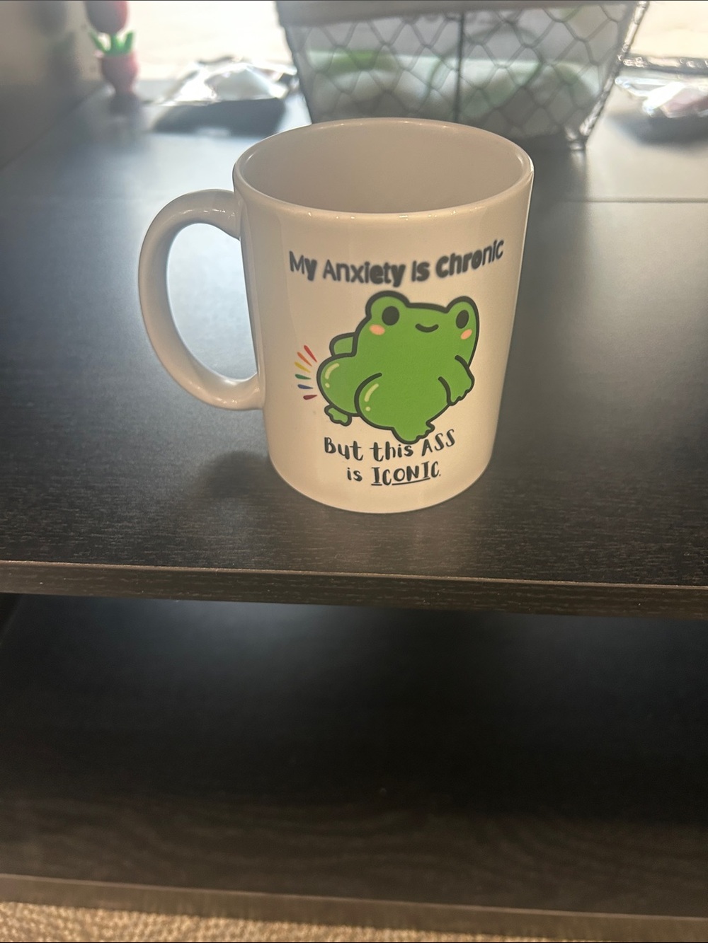 White Ceramic Mug with Green Frog Graphic and Funny Quote